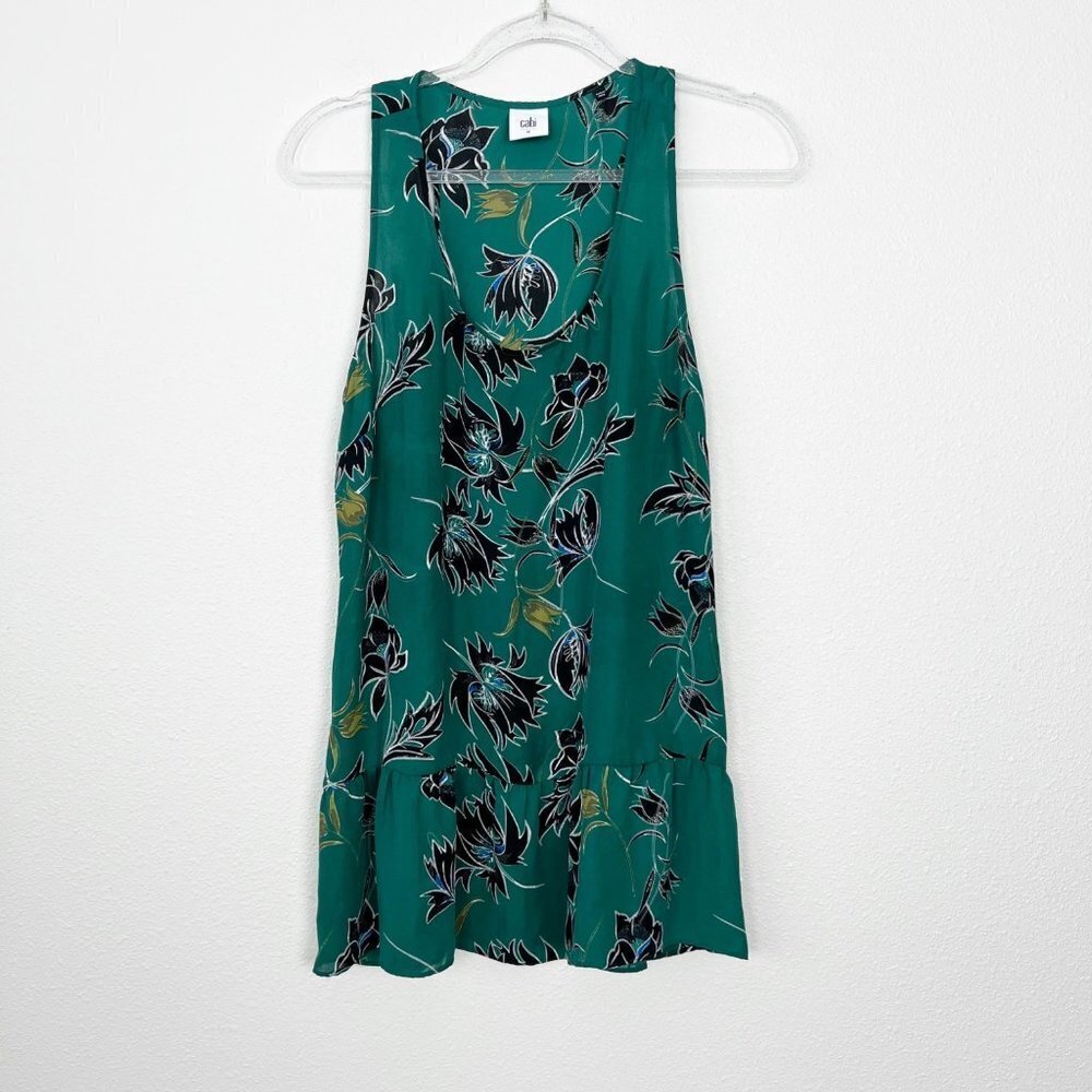 Cabi Womens Medium Zoe Falling Flowers Green Peplum Tank Top